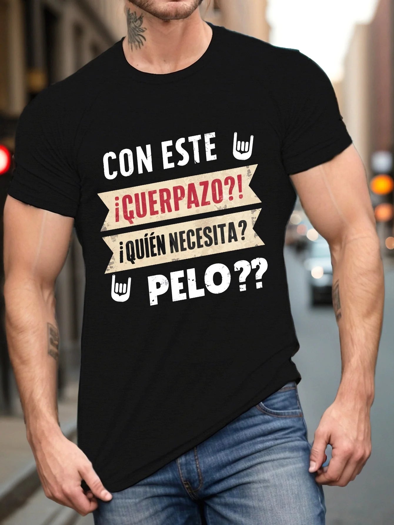 Men's Crew Neck "With This Great Body Who Needs Hair" Graphic Tee - Casual Polyester Knit T-Shirt with Slight Stretch