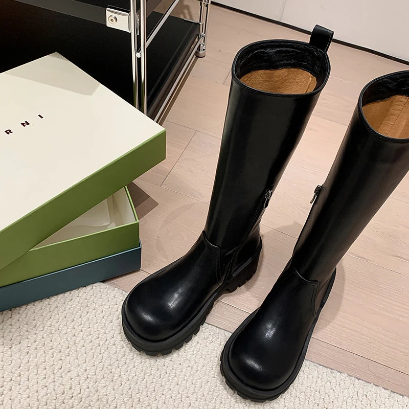 2025 New Platform Women Riding Boots Genuine Leather Knee-high Modern Rain Boots Outdoor Party Shoes