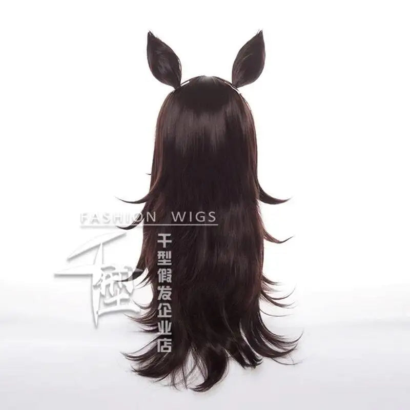 Umamusume Pretty Derby Rice Shower Wig With Ears Cosplay Costume Heat Resistant Synthetic Hair Women Dark Brown Long Wigs
