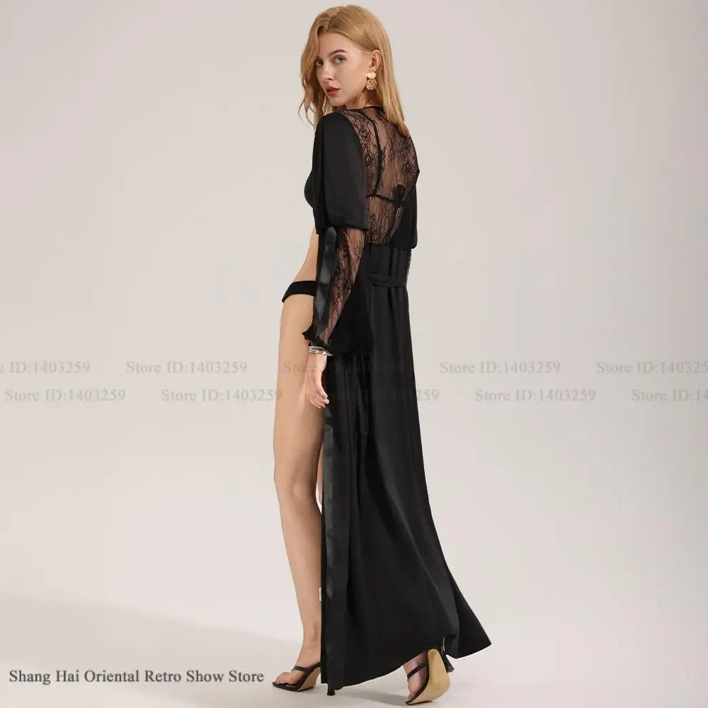 Fashion Sexy Long Robe Women Sleepwear Home Dressing Gown Patchwork Perspective Lace Lingerie Negligee Loose Bathrobe Loungewear