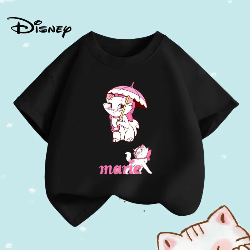 Summer Baby Girls Solid Clothes Kid Disney Marie Cat Printed Short Sleeve T-shirts Children Cartoon O-Neck Soft Breathable Top
