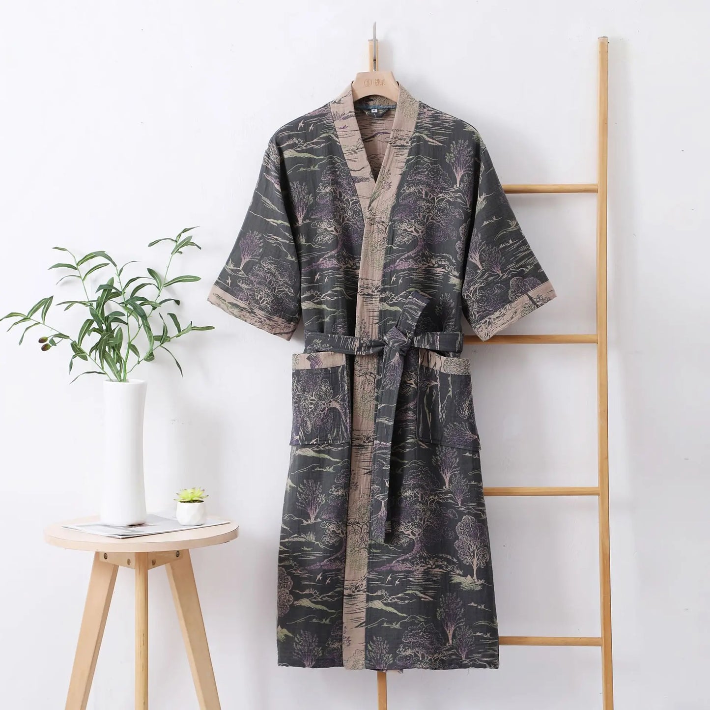 Double Layer Cotton Gauze Long Robe Retro Jacquard Kimono Bathrobe Gown Spring Summer Sleepwear Couple Pijama Loose Lingerie