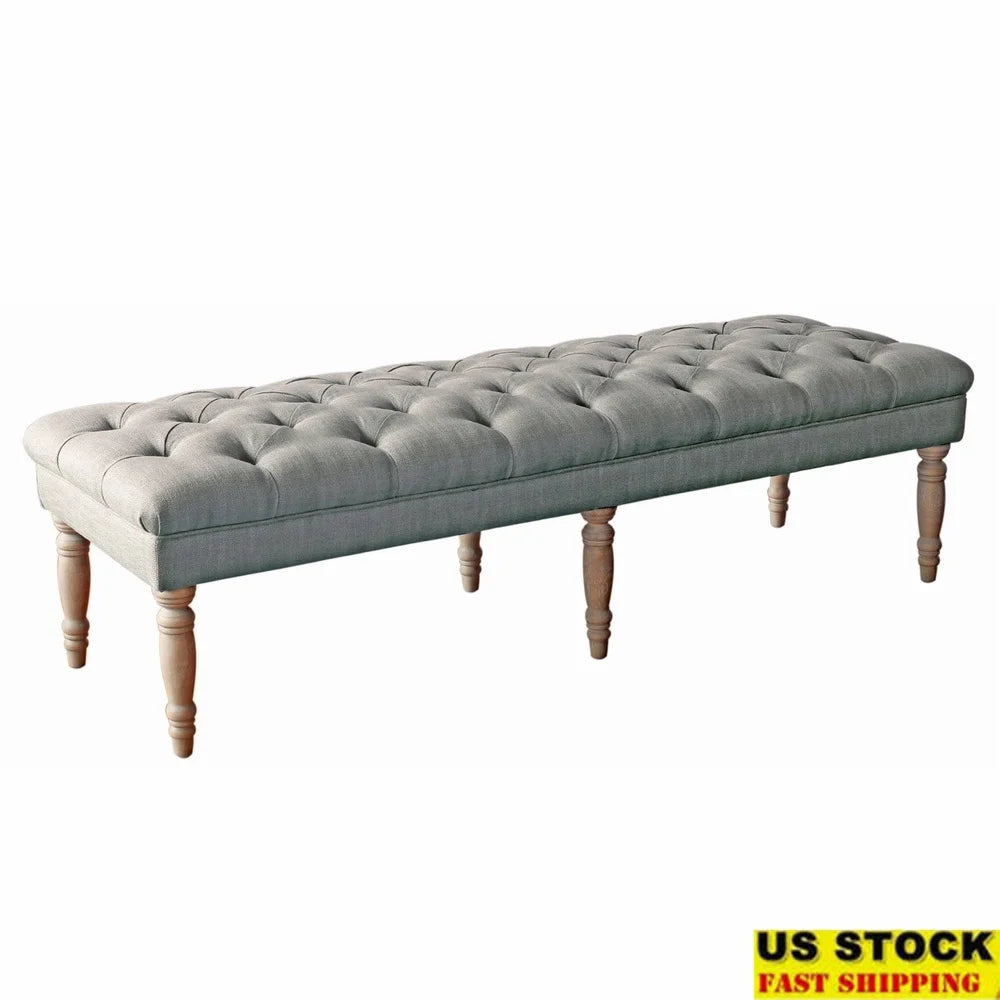 Tufted Upholstered Bench Indoor Entryway Dining Ottoman Foam Padding Wood Frame Easy Assembly Storage Gray 64 Inch Length