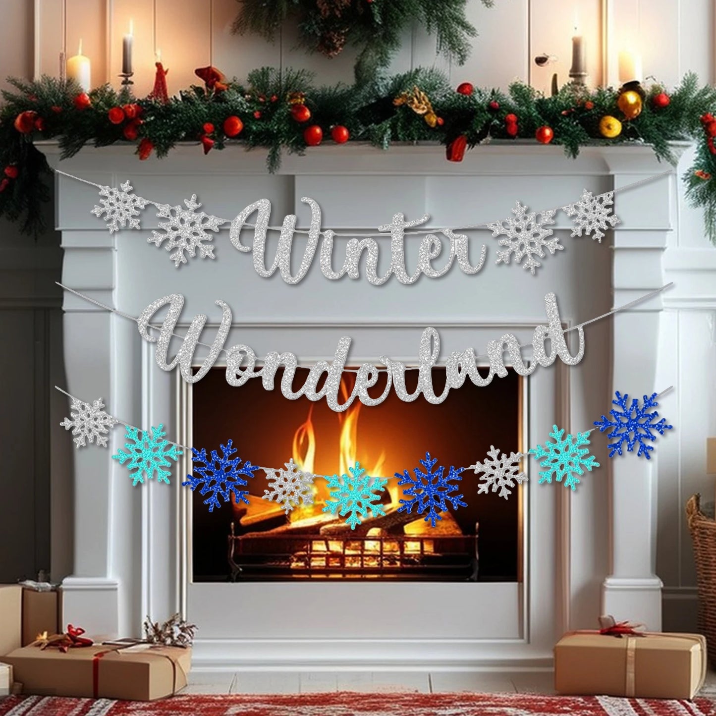 3Pcs Winter Wonderland Banners, Glittery Snowflake Banner Christmas Decorations Banners Winter Holiday Garland Photo Props