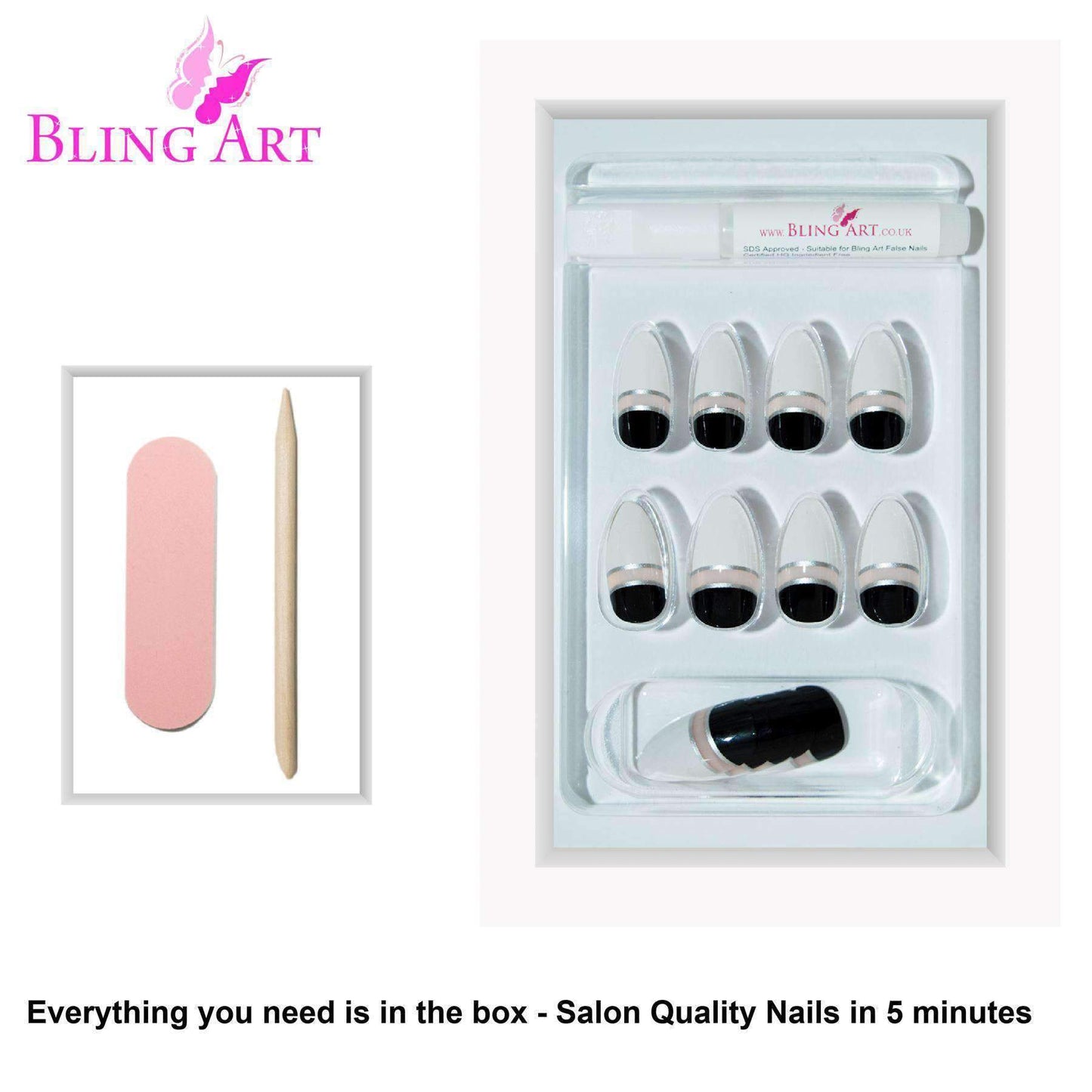 False Nails by Bling Art Black White Glossy Almond Stiletto Acrylic