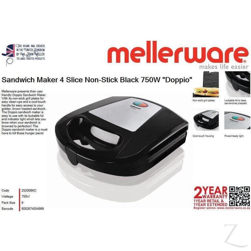 Mellerware Sandwich Maker 2 Slice Non-Stick Black 750W "Doppio"