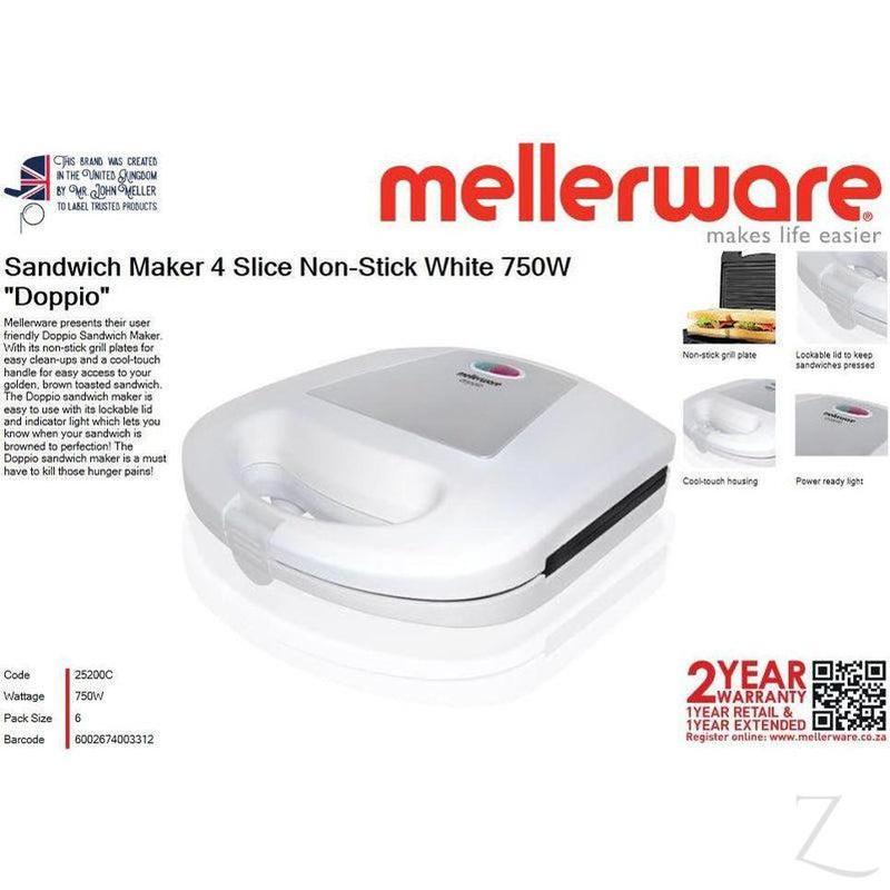 Mellerware Sandwich Maker 2 Slice Non-Stick White 750W "Doppio"