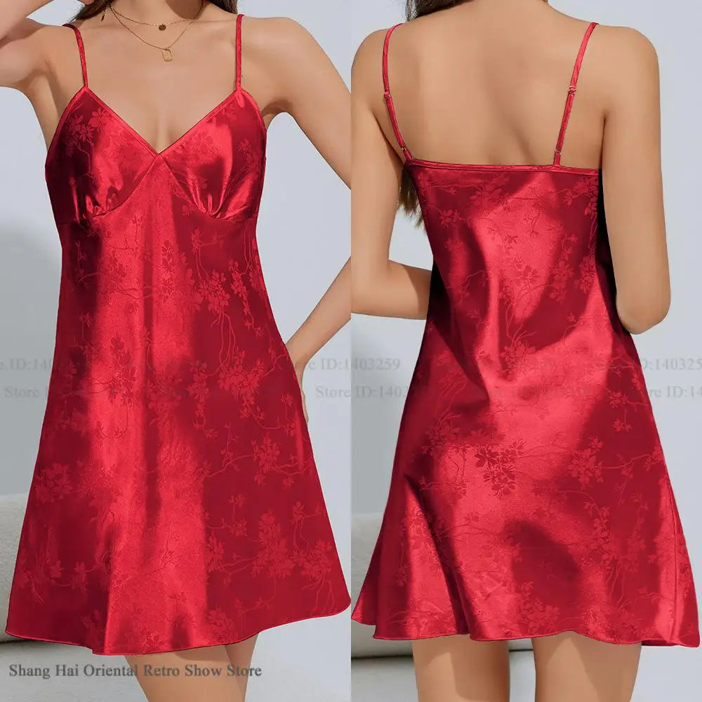 Sexy Suspender Nightgown Women's Chemise Sleepwear Lingerie White Ice Silk Jacquard Nightdress Summer New Home Dress Loungewear