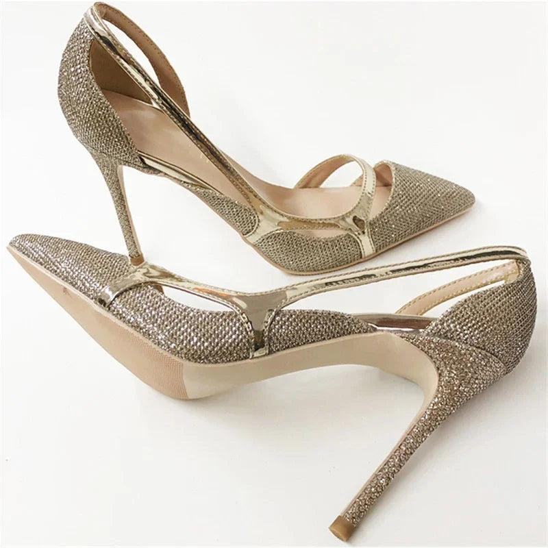 Veowalk 12cm 10cm Gold Glitter Women Sexy D'Orsay High Heels Ladies Bride Wedding Shoes Shiny Sparkle Pointed Toe Stiletto Pumps
