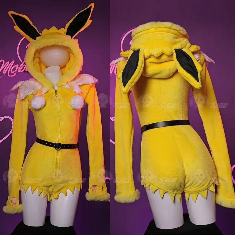 Anime Jolteon Cosplay Costume For Women Sexy Deep V Hooded Bodysuit Socks Suit Bunny Girl Lolita Cartoon Plush Pajamas Christmas
