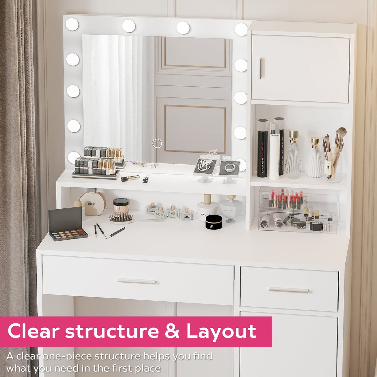 White Vanity Dressing Table with Lighted Mirror, Large Drawer and