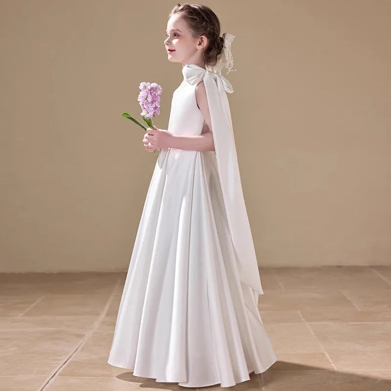 Fashion Baby Girl Princess Bow Satin One Shoulder Long Dress Child Elegant Vestido Wedding Party Birthday Baby Clothes 1-14Y