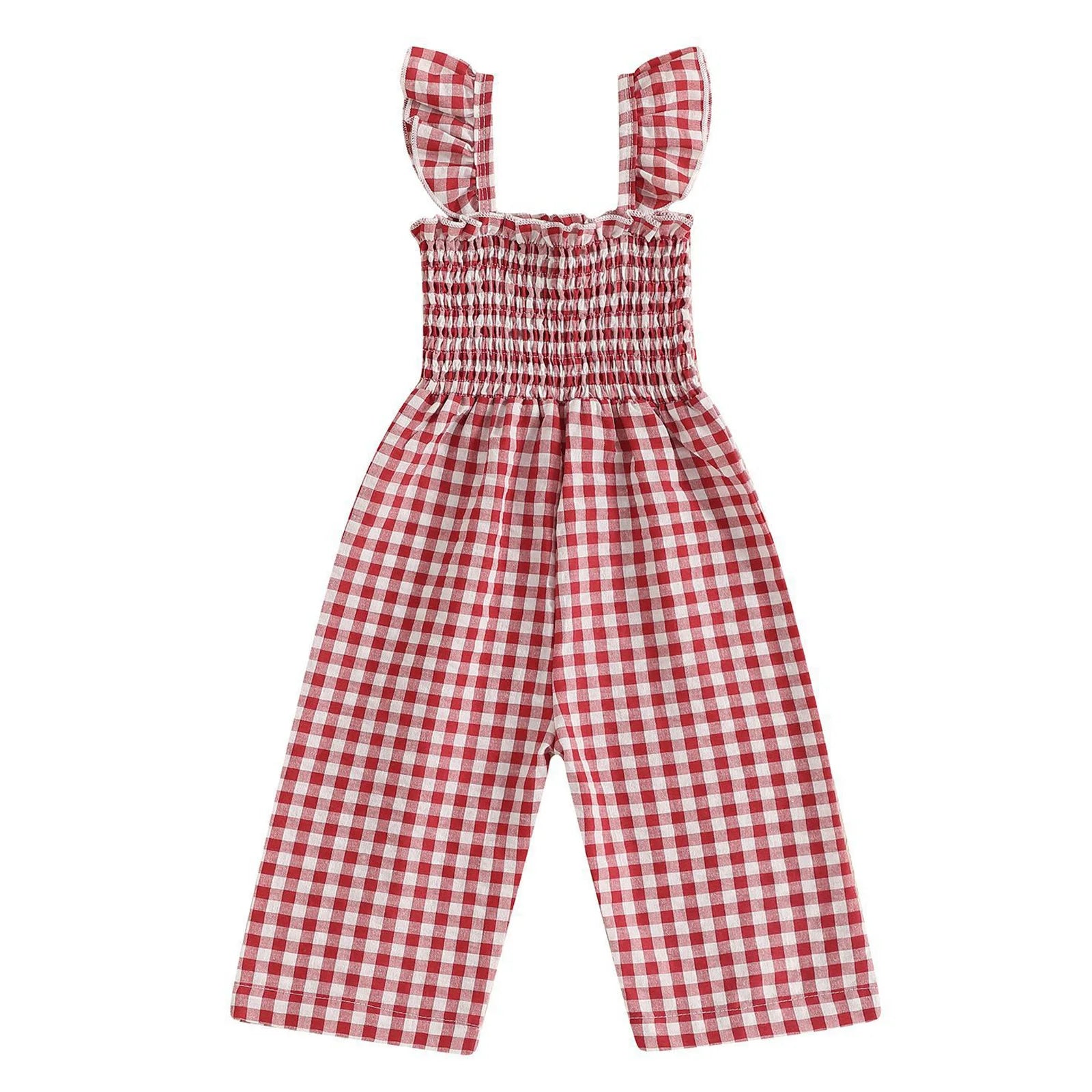 Toddler Baby Girls Summer Clothes Sweet Plaid Bodysuit Fly Sleeves Smocked Rompers Wide Leg Jumpsuit Holiday Party Daily Wear