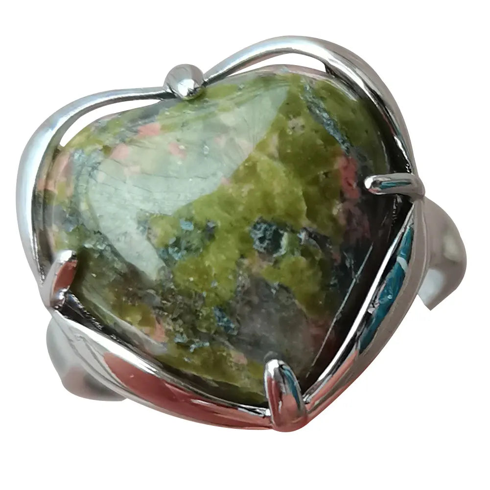 Tiger Eye Unakite Malachite Howlite Crystal Blue Sand Goldstone Aventurine Carnelian  Heart Bead Art Ring PWB918