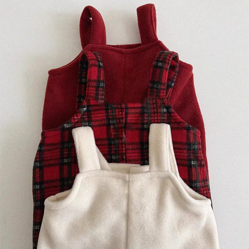 2025 Winter New Girls Plus Velvet Thick Overalls Children Warm Jumpsuit Kids Boys Strap Trousers Baby Girl Christmas Clothes