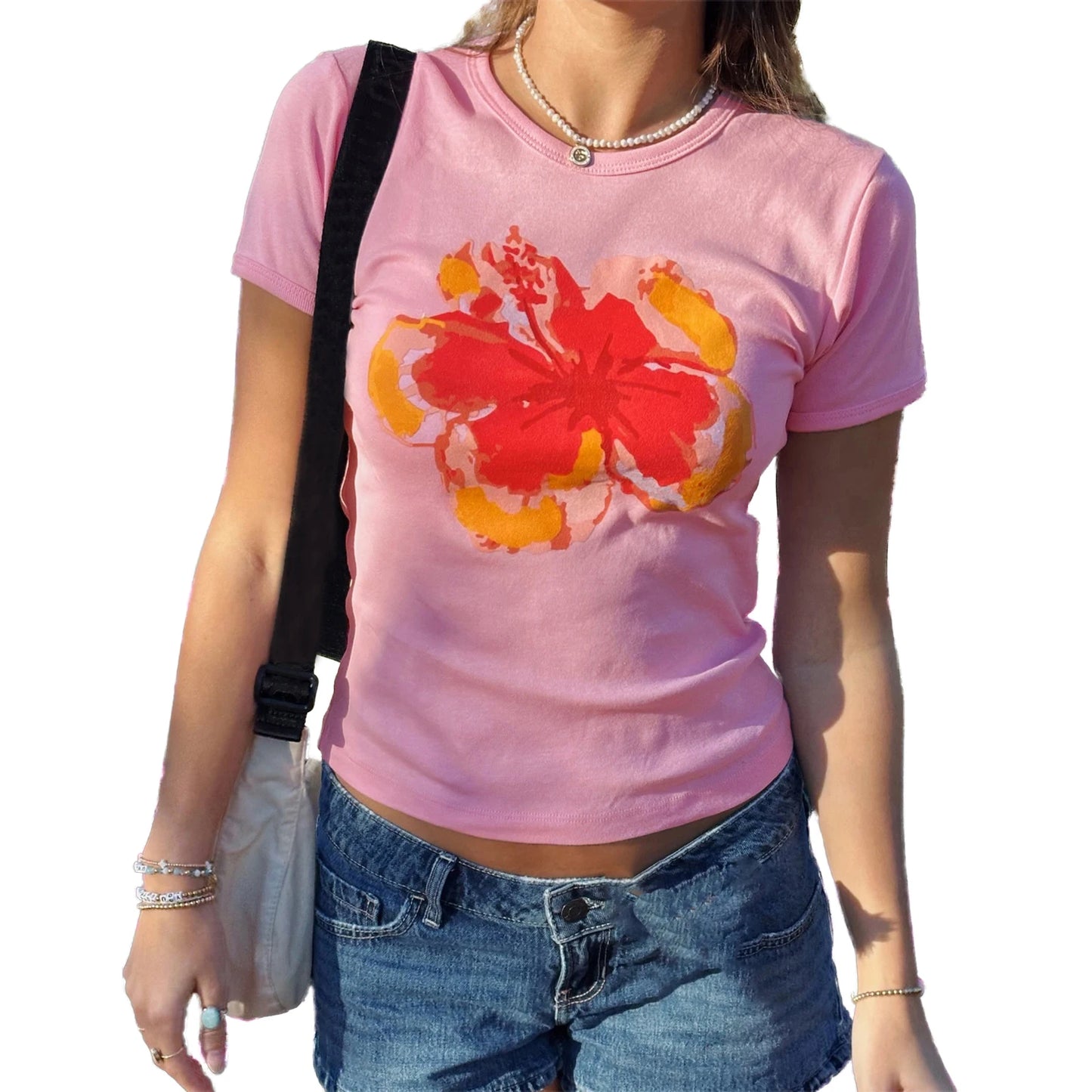 Women Flower Print Baby Tee Y2K Cute Graphic Floral Crop Tops Beach Club T Shirts Summer Vintage 90s Aesthetic Clothes 2025