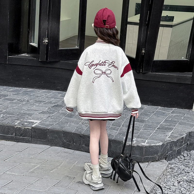 Kids Casual Spring Autumn Clothing Baseball Jacket with Bows for Girls Sports Baseball Shirt Coat Child Sporty Outerwear Tops