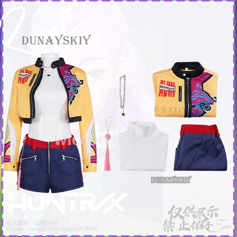 Anime Movie Demon Kpop Girl Group Cosplay Rumi Singing Costume Yellow Punk Y2K Coat Short Pants Long Wigs Halloween Party Cos