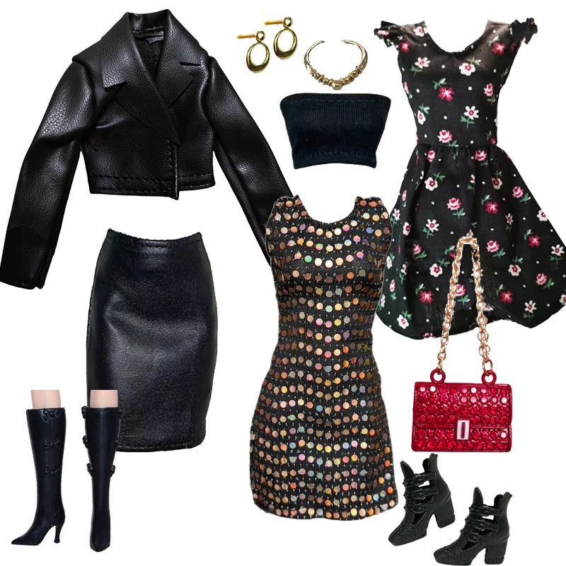 1/6 Doll Clothes Fashion Mix Leather Coat Dress Set for 12 inch Fashion Doll Outfits Set Handmade 30cm Doll Clothing Accessories