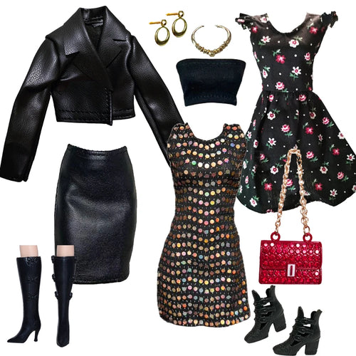 1/6 Doll Clothes Fashion Mix Leather Coat Dress Set for 12 inch Fashion Doll Outfits Set Handmade 30cm Doll Clothing Accessories