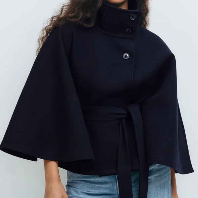 Stand Collar Sashes Patchwork Jackets, Women Autumn Winter Batwing Sleeve Chic Coats, 2025 Loose Holiday Solid Cloak Streetwear