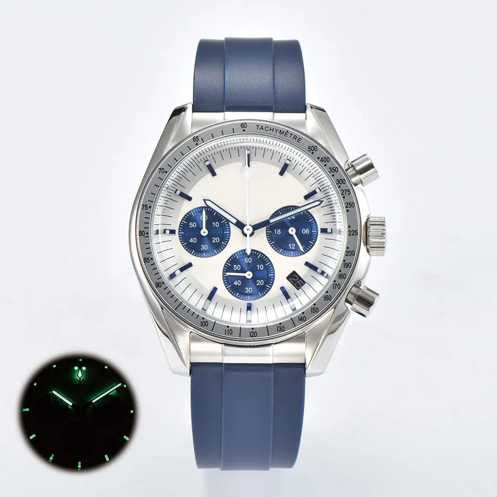 41mm silver men's watch VK63 movement quartz chronograph sapphire glass rubber strap business men's waterproof wristwatch 10Bar