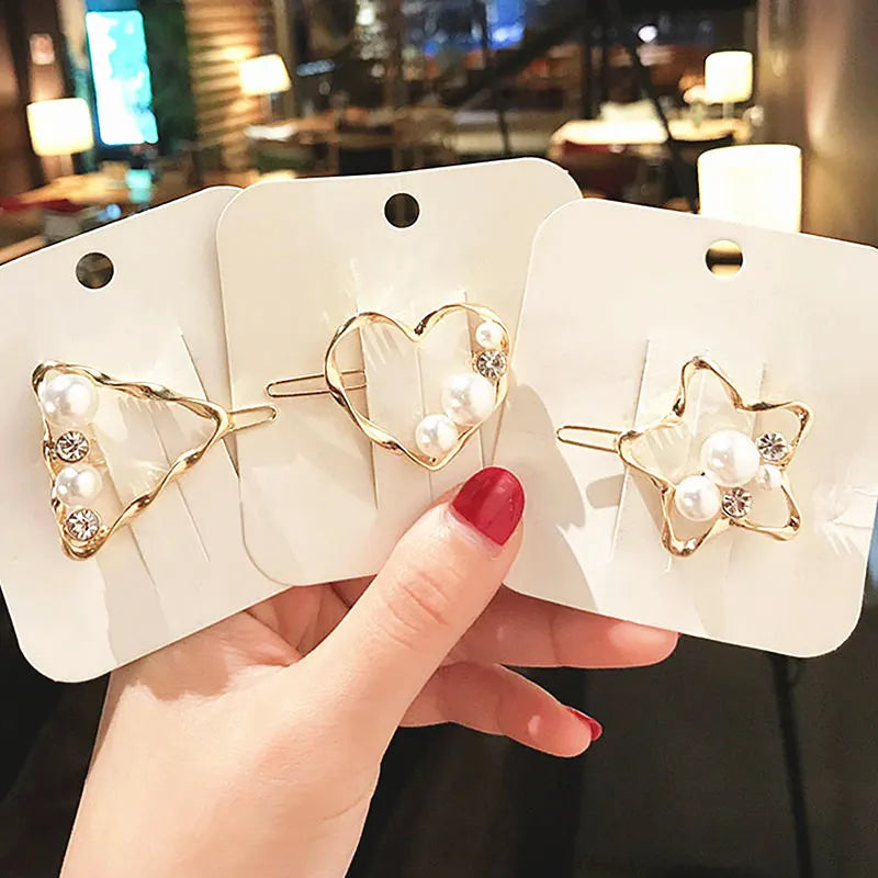 Fashion Pearl Hairpin Geometric Crystal Heart Triangle Hair Clip Women Hair Clips Barrettes Hair Styling Accessories