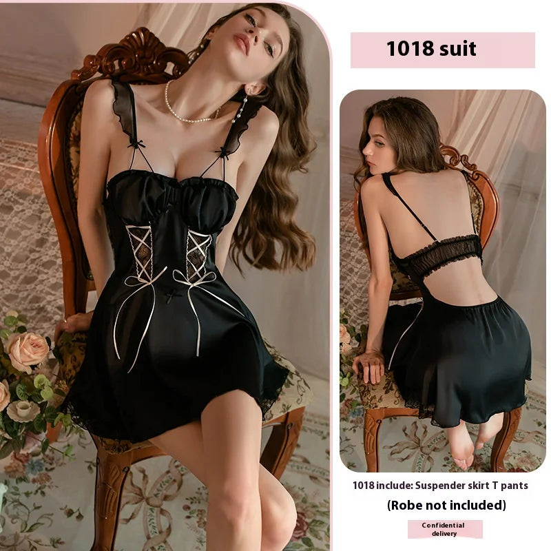 New Ladies Sexy Nightgown Nightgown Female Satin Lace Temptation Erotic Lingerie with Corset Pads Lace-Up Slimming Pajamas Set