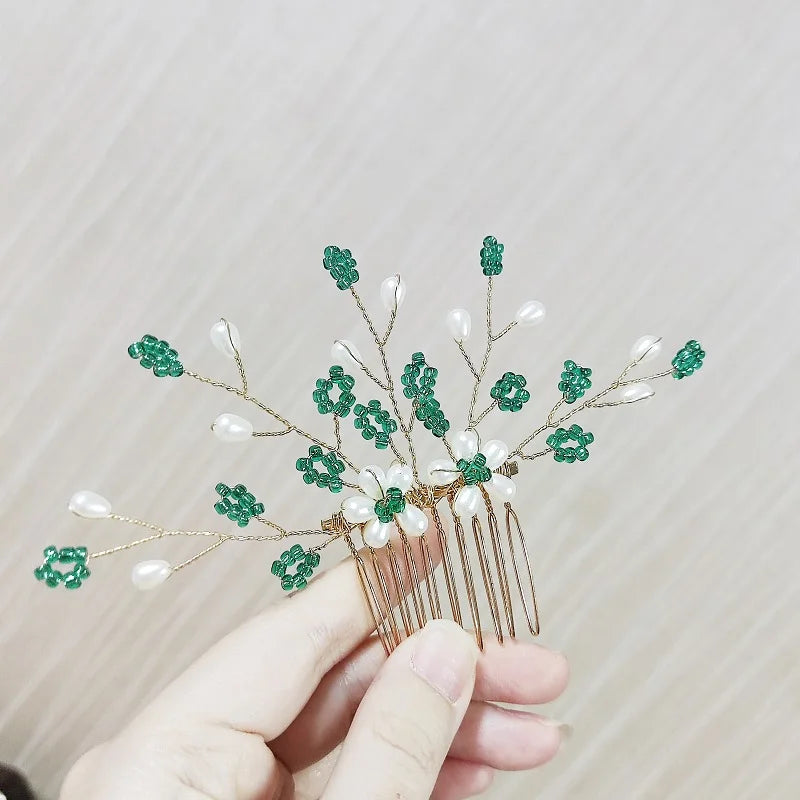 Green Color Rhinestone Hair Combs Bridal Hair Jewelry Leaf Hairpins Pearls Hairpins Bride Wedding Headdress Headband