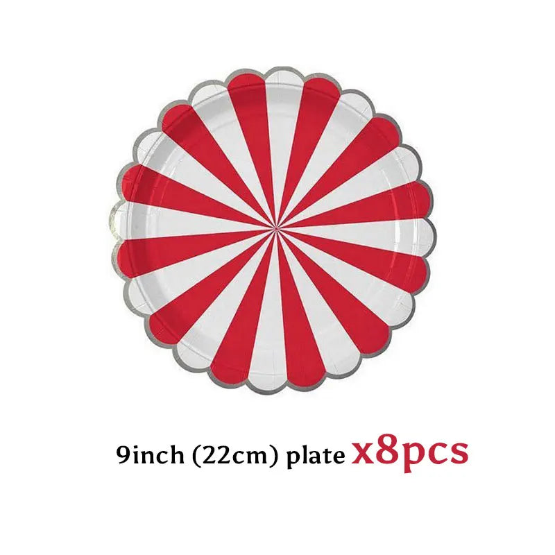 Red White Silver Striped Disposable Tableware Set Circus Birthday Party Decor Plates Cup Tablecloth Napkin Knives Forks Supplies