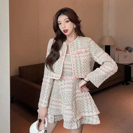 Sweet Girl Fashion Two Piece Sets Autumn New Small Fragrant Style Pink Tweed Short Coat+Suspender Dress Elegant Set