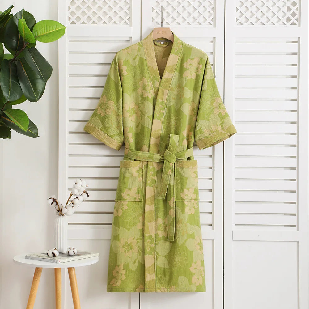 Double Layer Cotton Gauze Long Robe Retro Jacquard Kimono Bathrobe Gown Spring Summer Sleepwear Couple Pijama Loose Lingerie