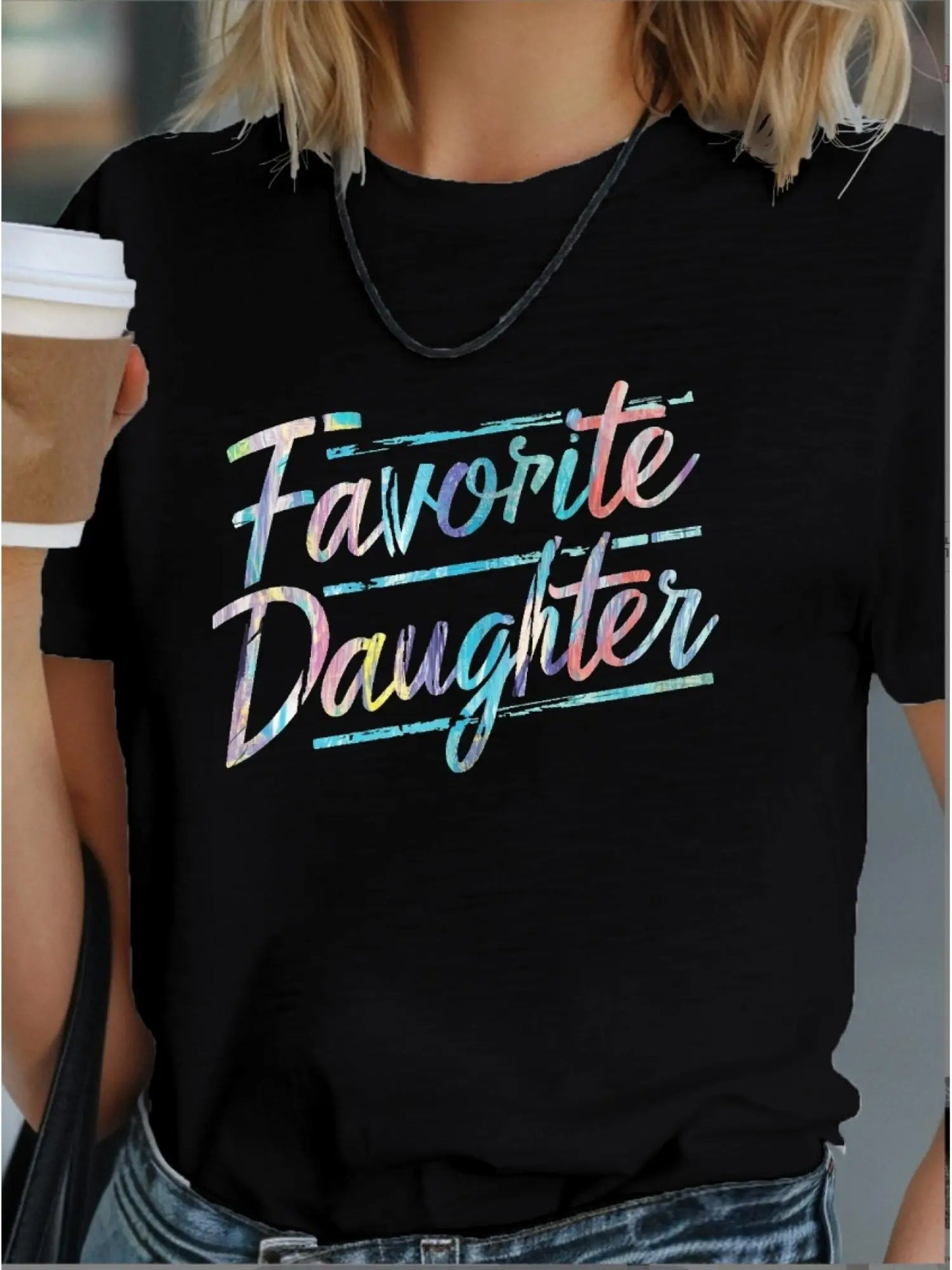 1pc Favorite Daughter Geometric Pattern T-Shirt 100% Cotton Crew Neck Casual Tee for Women All-Season Knit Fabric Top