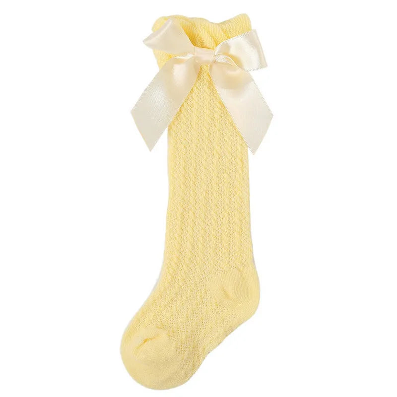 Newborn Baby Girl Knee High Socks Autumn Clothes Long Socks Thin Mesh Stockings with Bow for Infants Baby Items Clothing