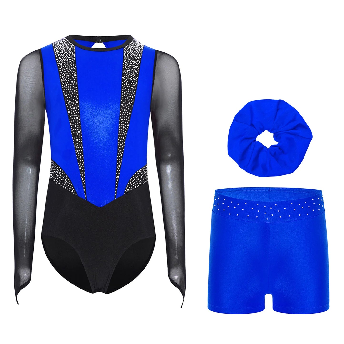 Kids Girls Ballet Gymnastics Sets Sports Tracksuit Figure Skating Dancewear Long Sleeves Rhinestones Leotard with Shorts Suit