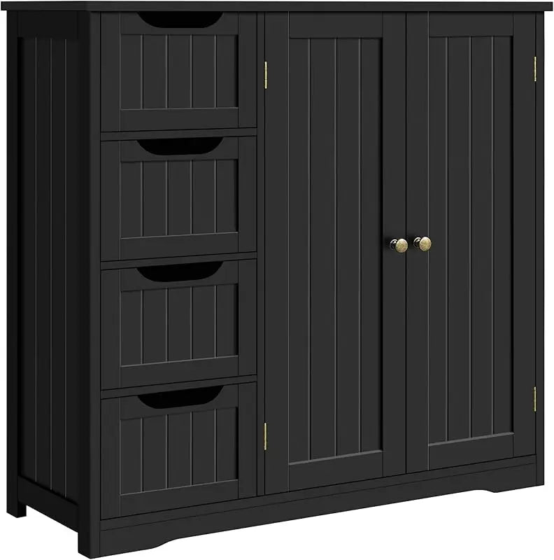 Wooden Bathroom Floor Cabinet, Side Storage Organizer Cabinet with 4 Drawers & Double Doors, Freestanding Entryway Sto