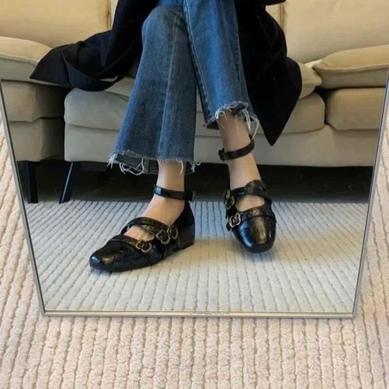 2025 New Square Toe Heightened Inner Mary Jane Women's Shallow Mouth One Buckle Women's Shoes Versatile Flat Single Shoes