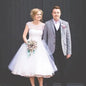 Vintage Polka Dot Tulle Bridal Gown Tea Length Short Beach Wedding Dress with Cap Sleeves And Ruched Backless Design