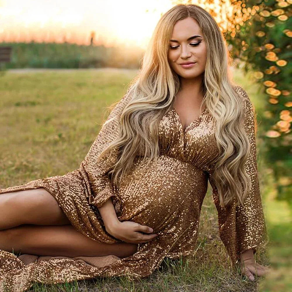 V-neck Sexy Maternity Gown Photo Shooting Dress Sequined Transparent Side Slit Pregnancy Photography Baby Shower Clothes