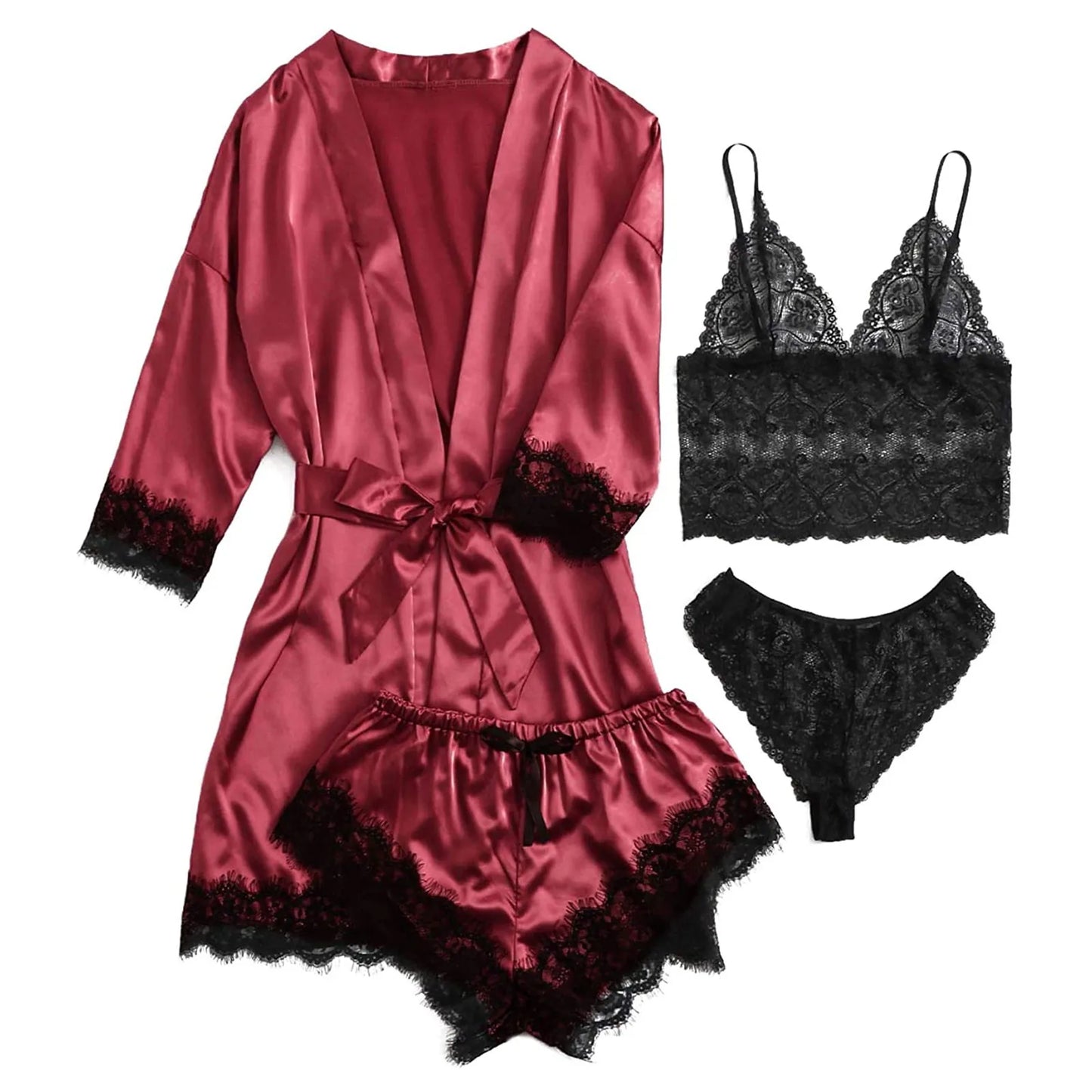 4-Piece Women Sexy Garter Lingerie Set Robes Lace Bodysuit Deep-V Neck Underwear