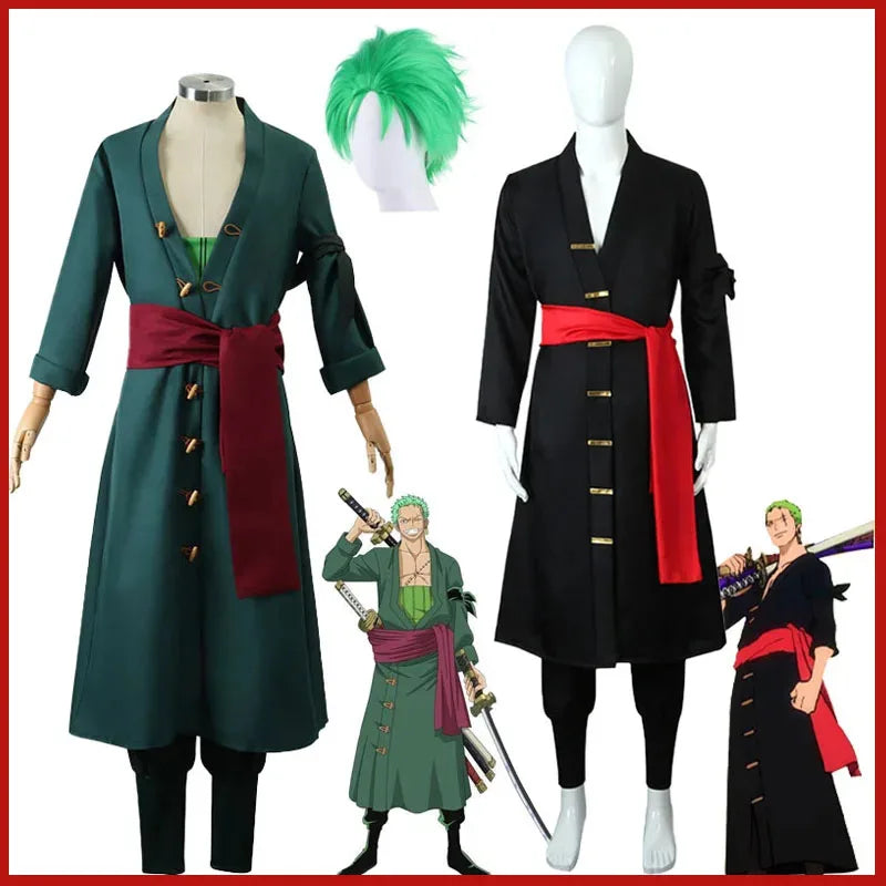2025 ❤ New Anime Piece Pirate Cosplay Costume Roronoa Zoro Kostum Two Year Later Wig Earrings Black Green Coat Belt Pants ★★