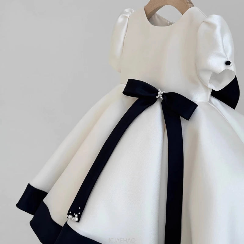 Elegant Princess Baby Girl Satin 1st Birthday Dress Wedding Flower Girl Princess Gown Black White Classic Party Outfit Clothes