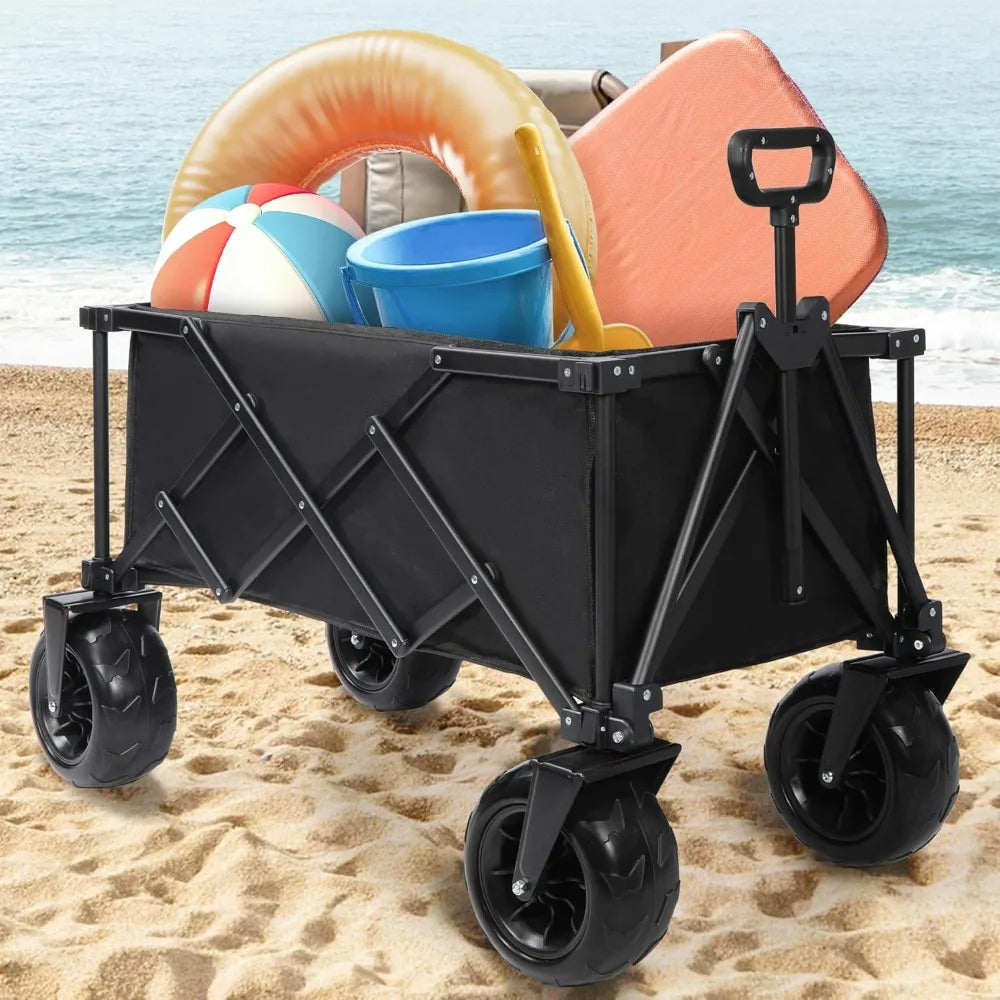 Beach Wagon with Big Wheels for Sand, 9" All Terrain Tires Collapsible Wagon, 450LBS Heavy Duty Beach Cart with Balloon Style W