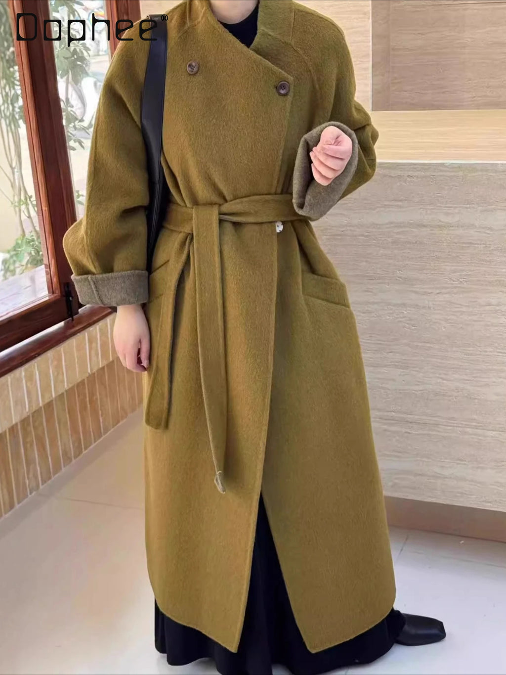 Fashion Elegant Large Lapel Double-Sided Wool Coat for Women Autumn Winter High-End Tie-Up Versatile Loose Slim Woolen Jacket