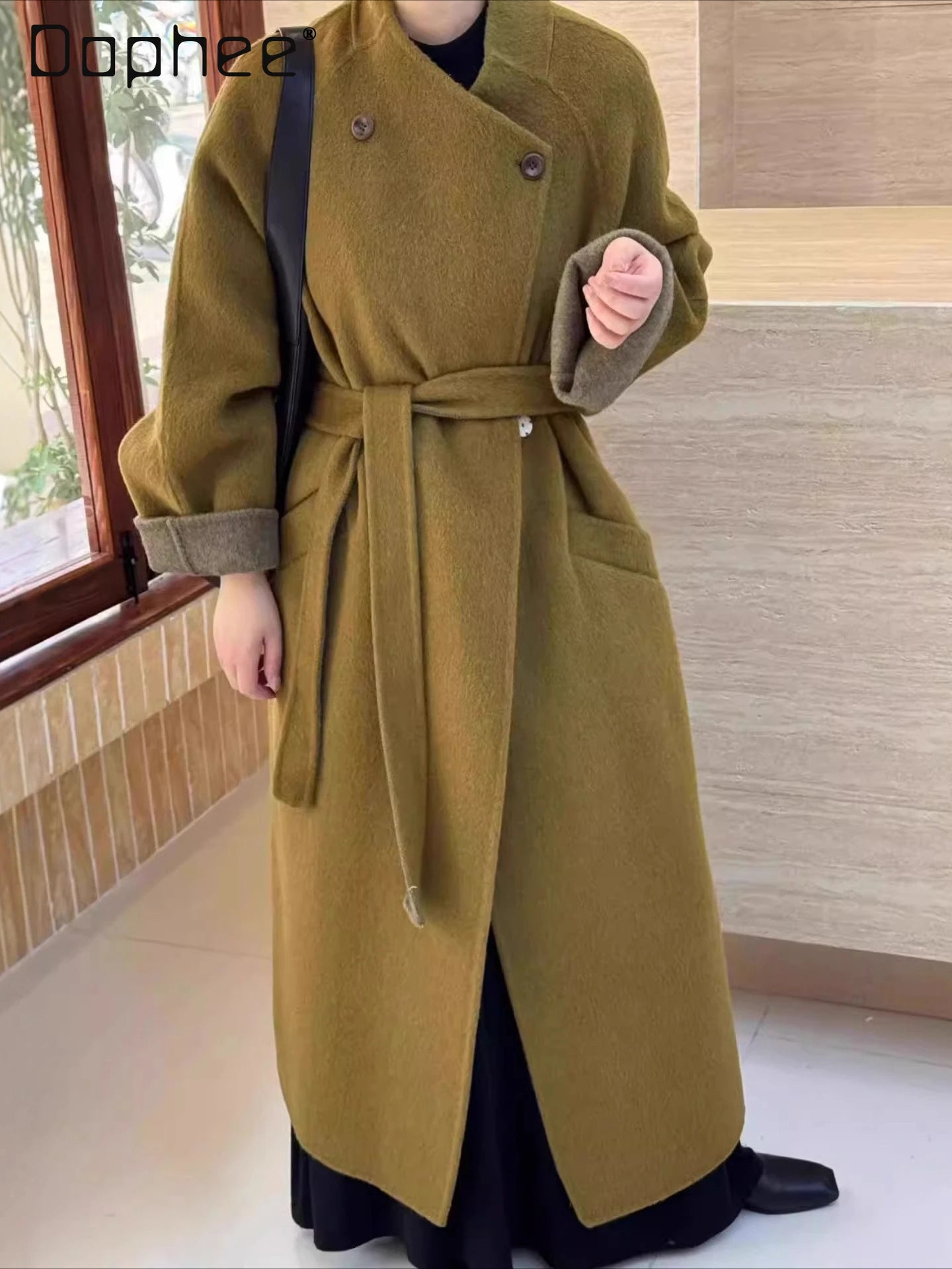 Fashion Elegant Large Lapel Double-Sided Wool Coat for Women Autumn Winter High-End Tie-Up Versatile Loose Slim Woolen Jacket