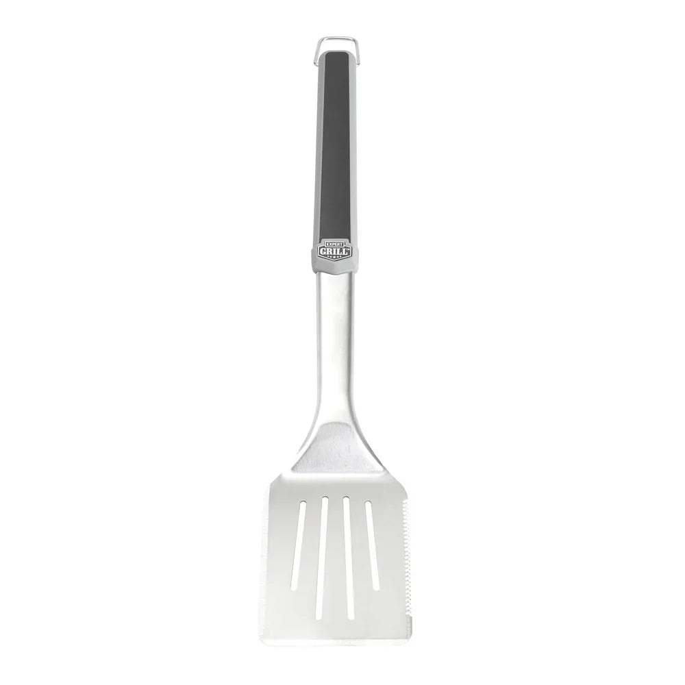 Stainless Steel Grilling Tools Set 4 Piece BBQ Set with Tongs Spatula Fork Basting Brush Ergonomic Handles Hooks Dishwasher Safe