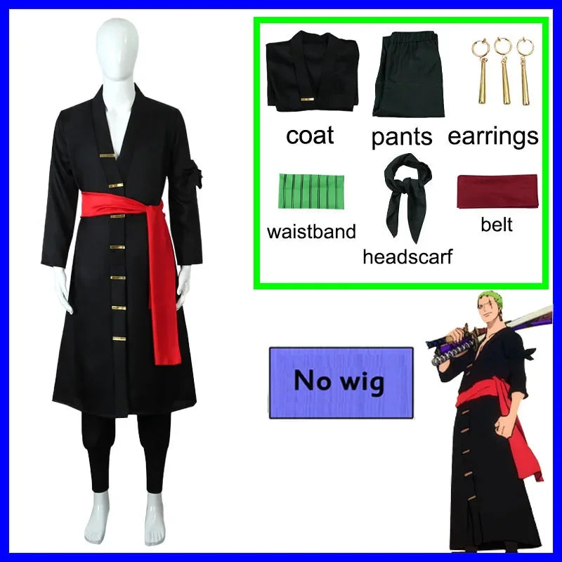 2025 ❤ New Anime Piece Pirate Cosplay Costume Roronoa Zoro Kostum Two Year Later Wig Earrings Black Green Coat Belt Pants ★★