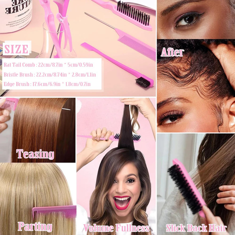 Slick Back Hair Brush Set: Hair Wax, Edge Brush, Rat Tail Comb, Bristle Brush, Smoothing Brush for Women & Kids