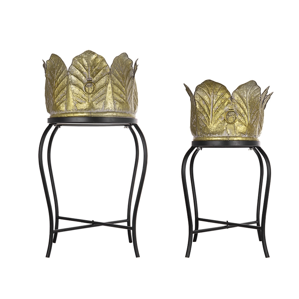 Set of 2 Metal Planters with Iron Leg Stands in Graduated Sizes