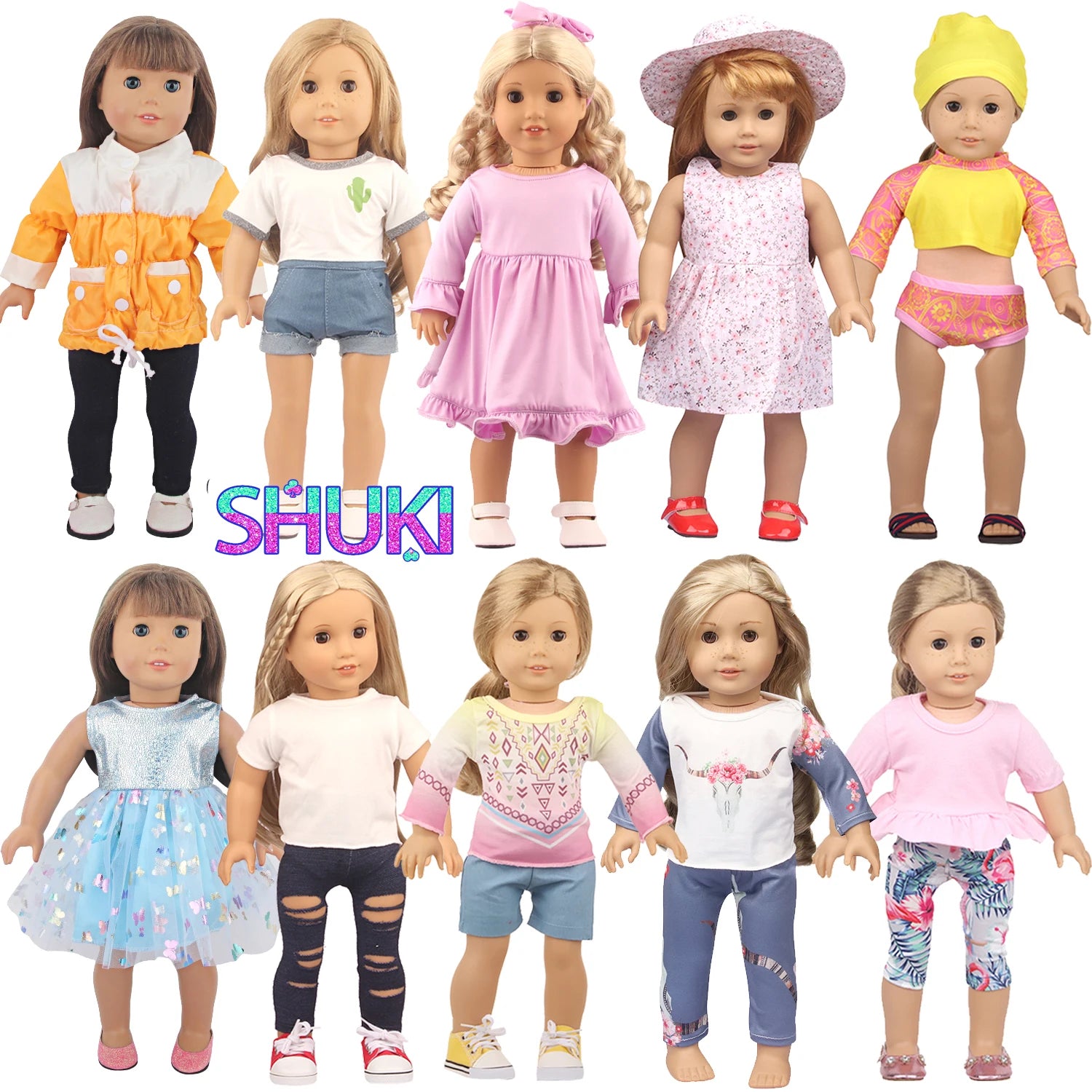 Cactus T-shirt+Denim Shorts Flower Dress+Hat Flamingo Doll Clothes Set For 18 inch American&43cm Baby New Born.OG,Life Girl Doll